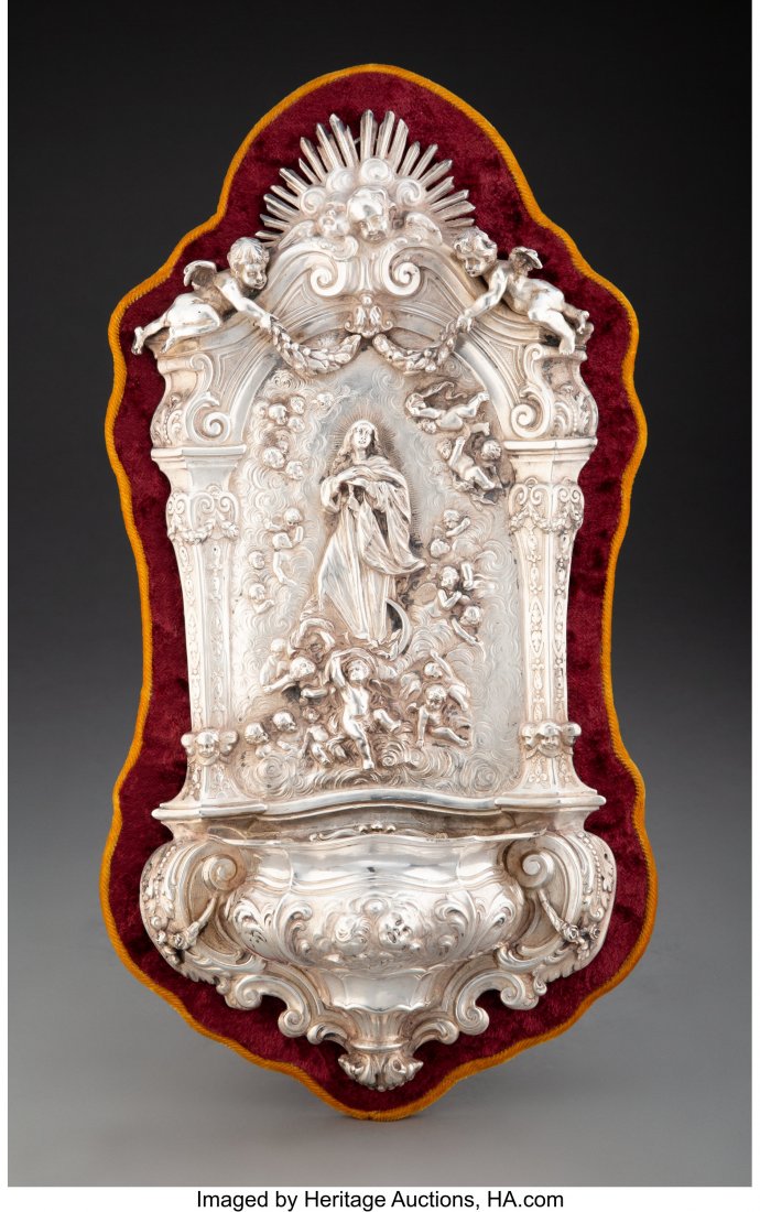 A Continental Silver Religious Holy Water Font, : A Continental Silver Religious Holy Water Font, 19th century Marks: (crown), B, (lion), 800, (effaced) 16-1/4 x 8 x 3-1/2 inches (41.3 x 20.3 x 8.9 cm) HID03101062020 © 2020 Heritage Auctions | A