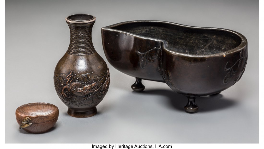 A Japanese Bronze Cabinet Vase, Gourd-Form Bowl,: A Japanese Bronze Cabinet Vase, Gourd-Form Bowl, and Mixed Metals Chestnut-Form Box, Meiji Period, late 19th century 4-3/4 inches high (12.1 cm) (vase) Bowl dimensions: 3-1/4 x 7-1/8 x 5 Chestnut box 