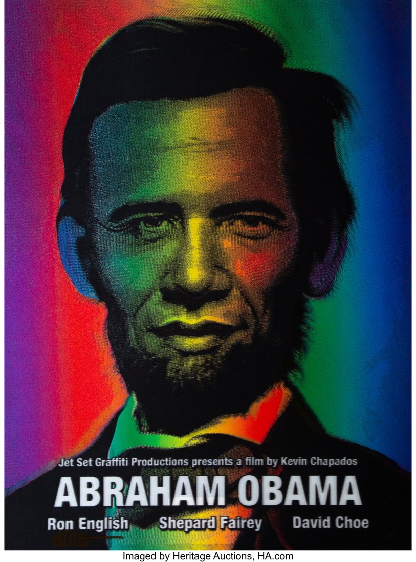 Ron English (b. 1959) Abraham Obama (Silver Lett: Ron English (b. 1959) Abraham Obama (Silver Lettering), 2009 Lenticular rainbow flip print 24 x 18 inches (61 x 45.7 cm) Signed in gold ink lower left HID03101062020 © 2020 Heritage Auctions | Al