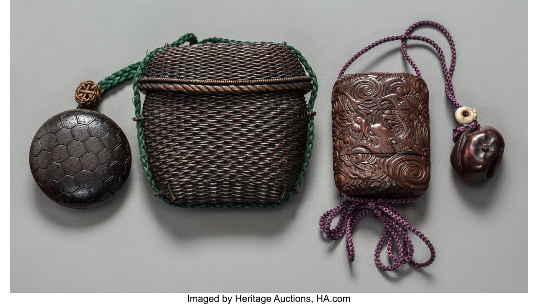A Japanese Carved Boxwood Double Dragon Inro and: A Japanese Carved Boxwood Double Dragon Inro and Netsuke with Basket-Form Inro and Carapace Pattern Netsuke, Meiji Period, circa 1868-1912 3 inches high x 3-3/4 inches wide (7.6 x 9.5 cm) (basket inro