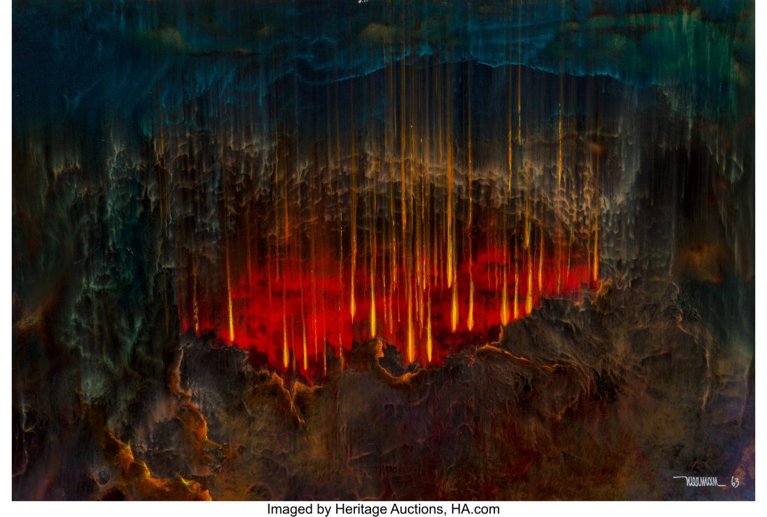 Leonardo M. Nierman (American/Mexican, b. 1932) : Leonardo M. Nierman (American/Mexican, b. 1932) Crater, 1963 Oil on panel 15-3/4 x 23-1/2 inches (40.0 x 59.7 cm) Signed and dated lower right: Nierman 63 PROPERTY OF A DISTINGUISHED COLLECTOR, DALLAS