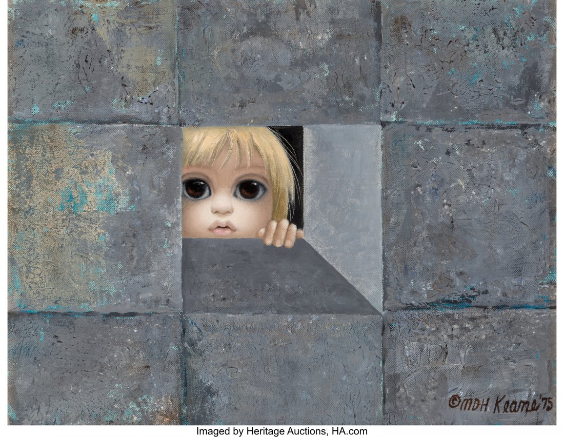 Margaret Keane (American, b. 1927) The Witness, : Margaret Keane (American, b. 1927) The Witness, 1975 Oil on canvas 11 x 14 inches (27.9 x 35.6 cm) Signed and dated lower right: MDH Keane '75 Titled on the stretcher: "The Witness" PROVENANCE: The ar