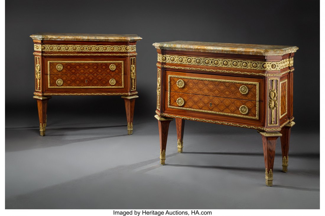 A Pair of Fine LeClaire Neoclassical Gilt Bronze: A Pair of Fine LeClaire Neoclassical Gilt Bronze Mounted Mahogany, Tulipwood, and Fruitwood Parquetry Commodes, 3rd quarter 19th century Marks: JME, A LECLAIRE, PARIS 36-1/2 x 39-1/2 x 20-1/2 inches (