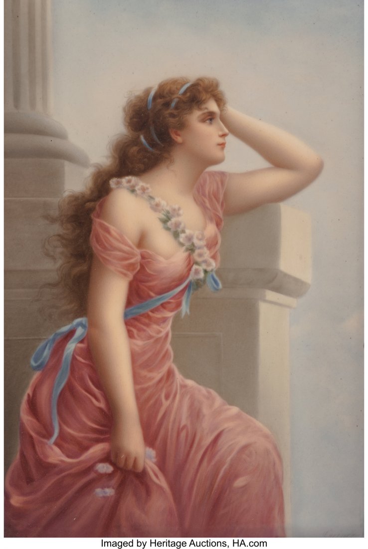 A KPM Painted Porcelain Plaque in Carved Giltwoo: A KPM Painted Porcelain Plaque in Carved Giltwood Frame, Germany, late 19th-early 20th century Marks: (scepter), KPM, S, D 9-1/2 x 6-3/4 inches (24.1 x 17.1 cm) The rectangular porcelain plaque, depic