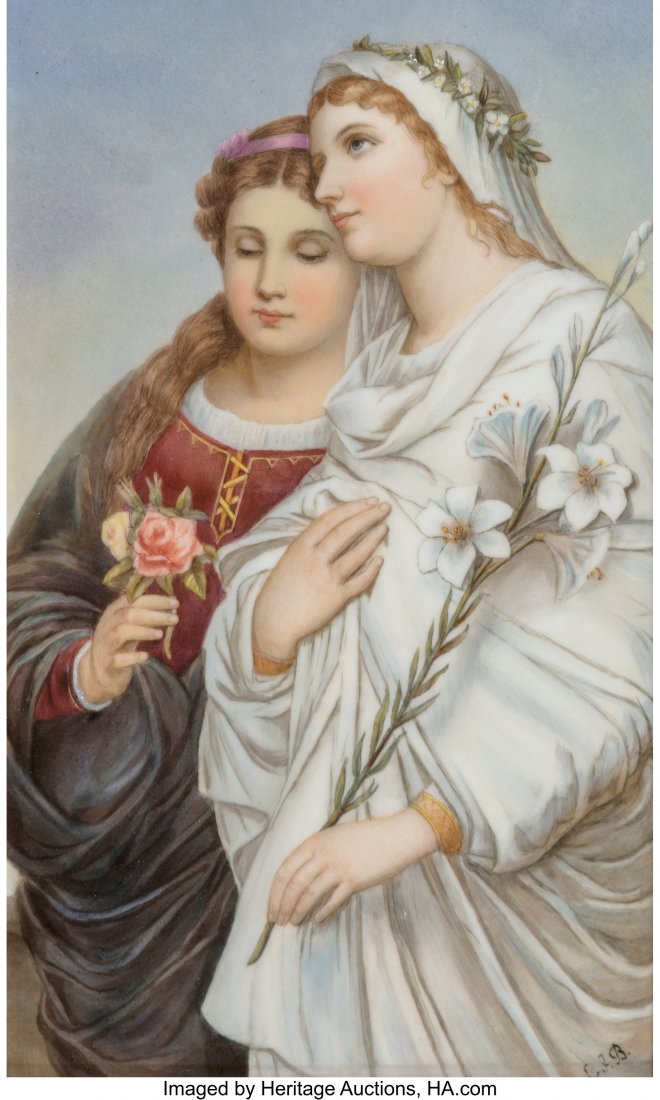 A KPM Painted Porcelain Plaque in Carved Giltwoo: A KPM Painted Porcelain Plaque in Carved Giltwood Frame, Germany, late 19th-early 20th century Marks: (scepter), KPM, H, F 13 x 7-3/4 inches (33.0 x 19.7 cm) The rectangular porcelain plaque, depictin