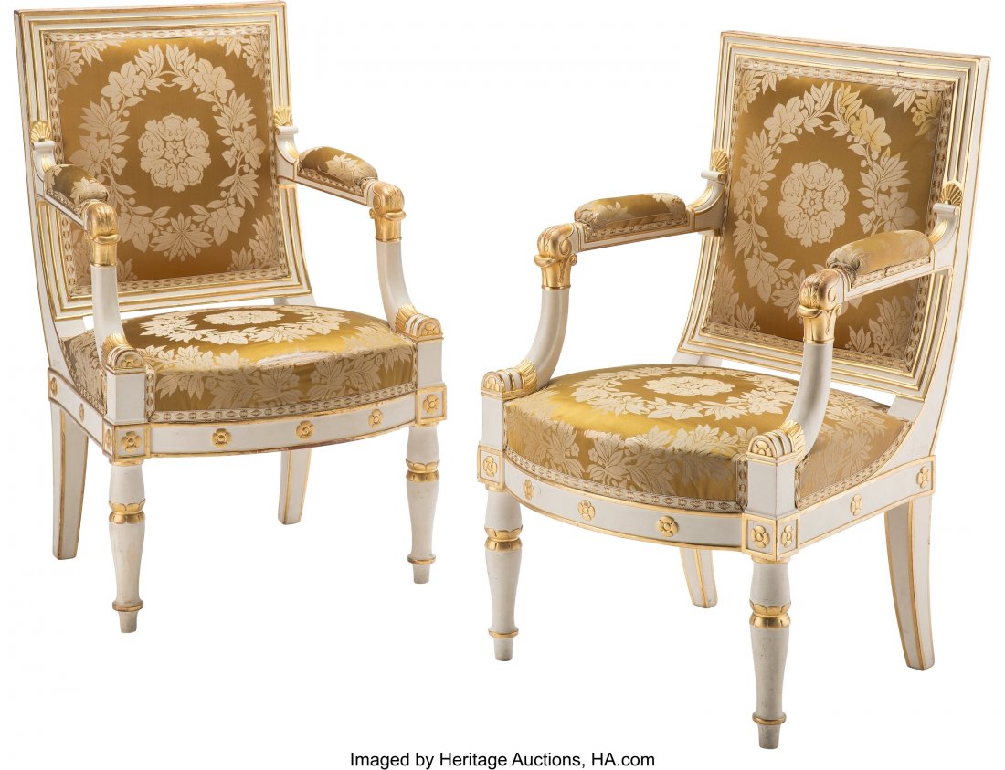 A Pair of Empire Partial Gilt, Painted Wood Upho: A Pair of Empire Partial Gilt, Painted Wood Upholstered Fauteuils, circa 1810 35-3/4 x 22-1/2 x 20 inches (90.8 x 57.2 x 50.8 cm) (each) PROPERTY FROM THE COLLECTION OF JOHN ROBERT CLARK, DALLAS, TEXA