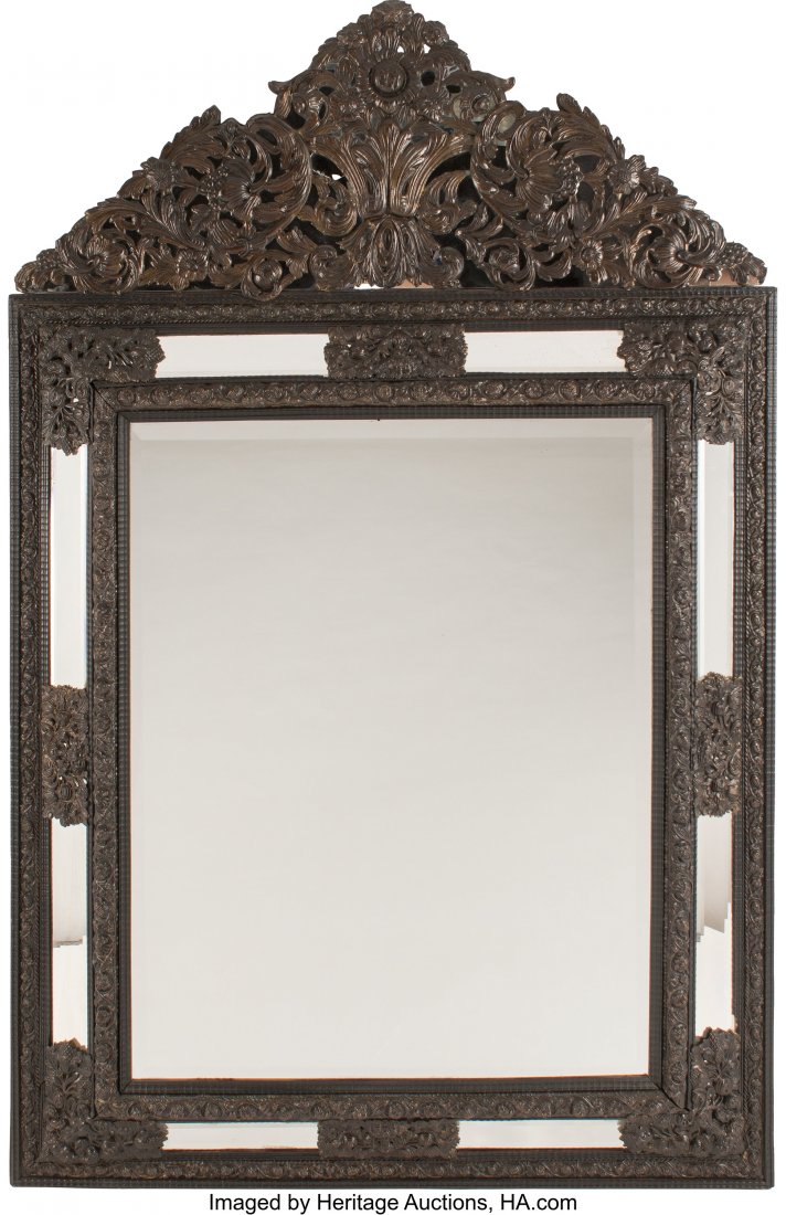 A Flemish Baroque-Style Wood and Patinated Metal: A Flemish Baroque-Style Wood and Patinated Metal Mirror, 19th century 74 x 47-1/2 x 5 inches (188.0 x 120.7 x 12.7 cm) The rectangular mirror with scrolled flower and foliate decoration throughout and