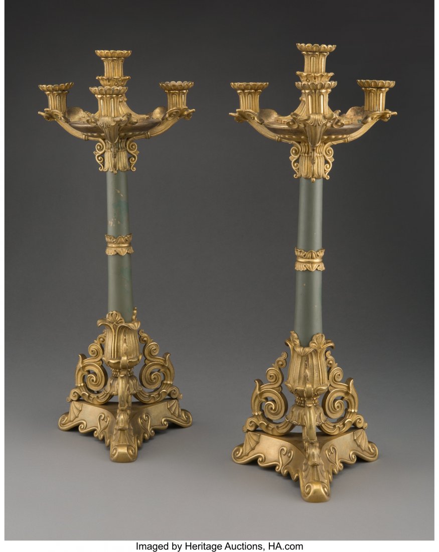 A Pair of Louis Phillipe Painted and Gilt Brass : A Pair of Louis Phillipe Painted and Gilt Brass Three-Arm Candelabra, mid-19th century 23-1/4 x 8-1/4 inches (59.1 x 21.0 cm) (each) PROPERTY OF THE ESTATE OF RANDALL J. MOSKOVITZ, MD, MEMPHIS, TENNES