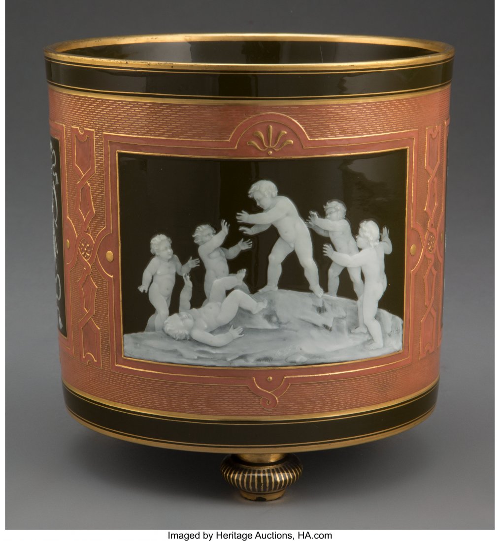 A Mintons Partial Gilt Pâte-sur-Pâ: A Mintons Partial Gilt Pâte-sur-Pâte Porcelain Jardinière Decorated by Albion Birks, England, circa 1900 Signed: ALB Marks: MINTONS, (crown-globe-MINTONS) 7-1/4 x 7 inches (18.4 x 1