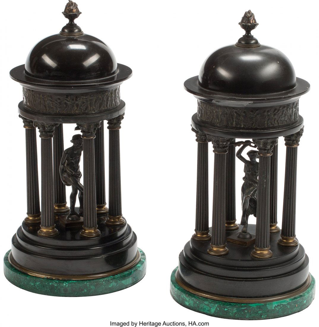 A Pair of Grand Tour Patinated Bronze Temple-For: A Pair of Grand Tour Patinated Bronze Temple-Form Table Ornament on Malachite Bases, 19th century 13 x 6-1/2 inches (33.0 x 16.5 cm) (each) The pair of table ornaments each with figures centered withi