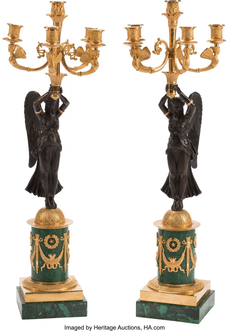 A Pair of Empire-Style Gilt and Patinated Bronze: A Pair of Empire-Style Gilt and Patinated Bronze and Malachite Five-Light Candelabras 30-1/2 x 10 x 8 inches (77.5 x 25.4 x 20.3 cm) (each) The pair of five-light candelabras each with figural busts o