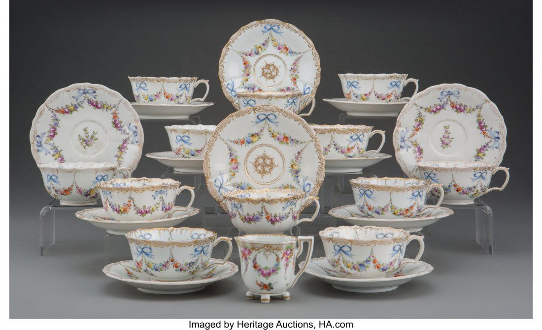A Twenty-Four Piece Meissen Hausmaler Polychrome: A Twenty-Four Piece Meissen Hausmaler Polychromed and Partial Gilt Porcelain Tea Service for Twelve, Germany, third quarter 19th century Marks: (crossed swords in underglaze blue with two hatch marks)