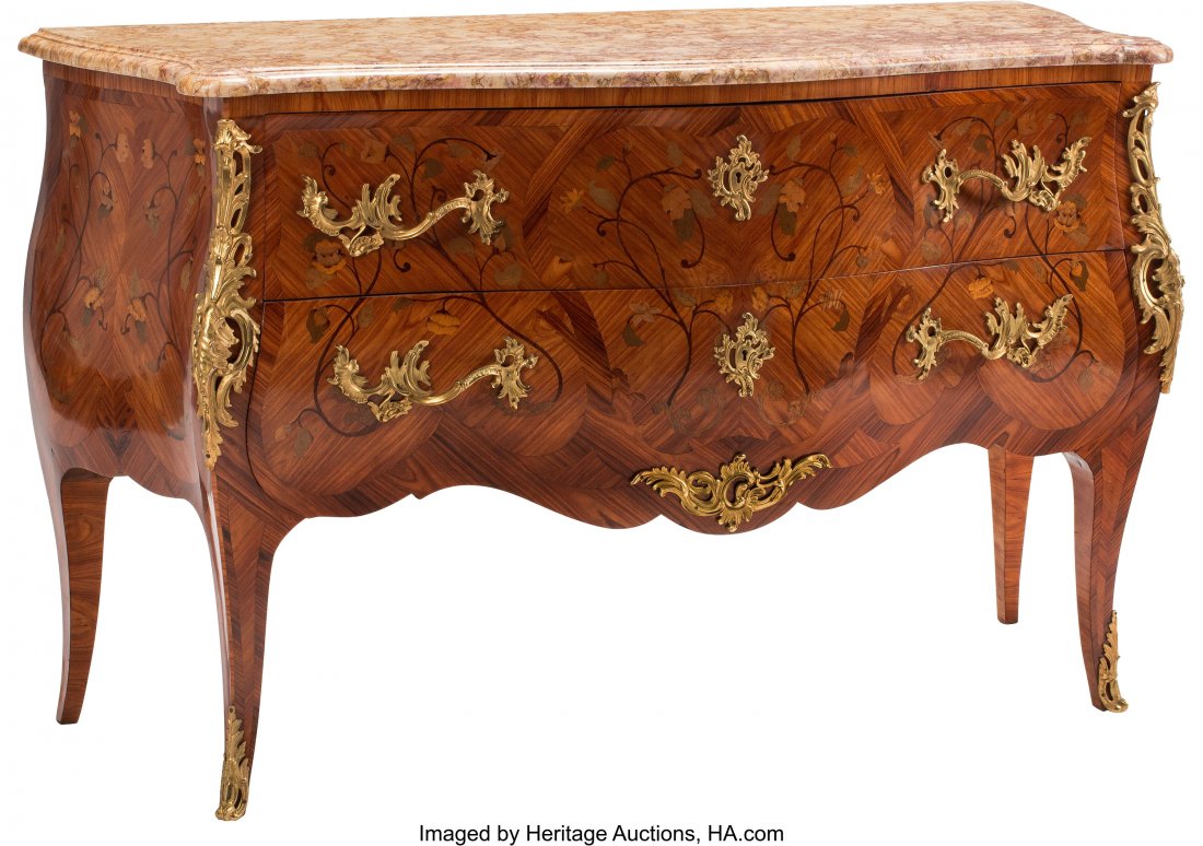 A Louis XV-Style Gilt Bronze Mounted Mahogany, K: A Louis XV-Style Gilt Bronze Mounted Mahogany, Kingwood and Fruitwood Marquetry Commode with Marble Top, 19th century 36 x 59 x 22 inches (91.4 x 149.9 x 55.9 cm) The commode of serpentine form with m