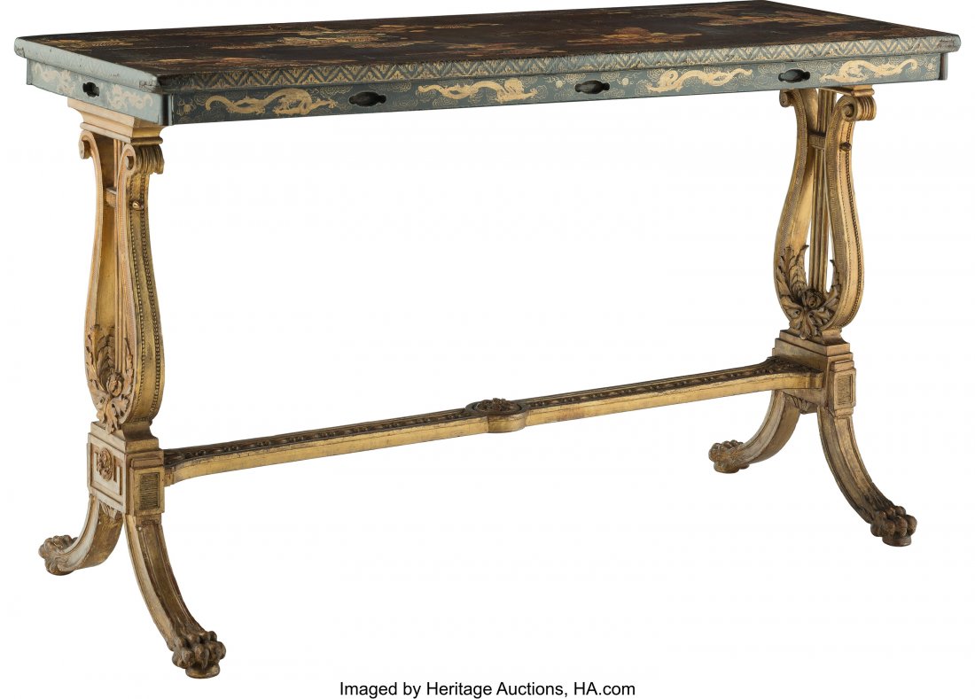 A Regency-Style Japanned and Giltwood Side Table: A Regency-Style Japanned and Giltwood Side Table, 19th century 29-3/4 x 48 x 18-1/4 inches (75.6 x 121.9 x 46.4 cm) PROPERTY FROM THE COLLECTION OF JOHN ROBERT CLARK, DALLAS, TEXAS The side table, wit