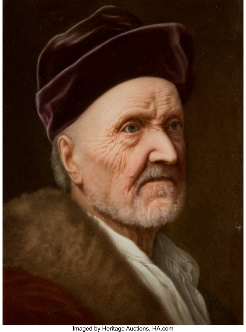 A KPM Painted Porcelain Portrait Plaque after Re: A KPM Painted Porcelain Portrait Plaque after Rembrandt in Giltwood Frame, Germany, late 19th-20th century Marks: (scepter), K.P.M., H 9-1/2 x 7 inches (24.1 x 17.8 cm) PROPERTY FROM A LA JOLLA, CALIF