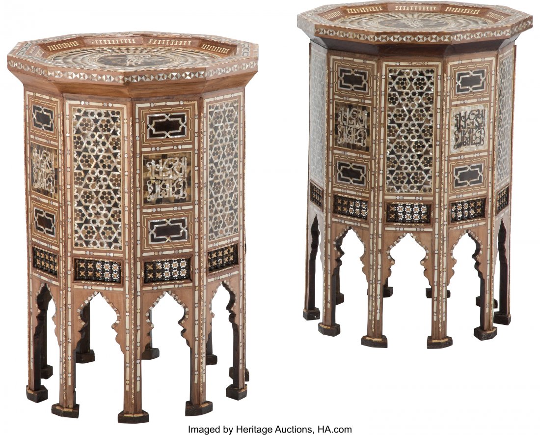 A Pair of Moorish Hardwood, Bone, and Mother of : A Pair of Moorish Hardwood, Bone, and Mother of Pearl Inlay Side Tables, 20th century 32 x 23-3/4 inches (81.3 x 60.3 cm) (each) Each decagonal table inlaid with arabesque and geometric patterns, with