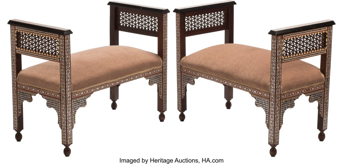 A Pair of Iberian Inlaid Hardwood Window Seats 3: A Pair of Iberian Inlaid Hardwood Window Seats 32-1/2 x 39 x 21 inches (82.6 x 99.1 x 53.3 cm) (each) Each seat of bench form with geometric inlay throughout. HID03101062020 © 2020 Heritage Aucti