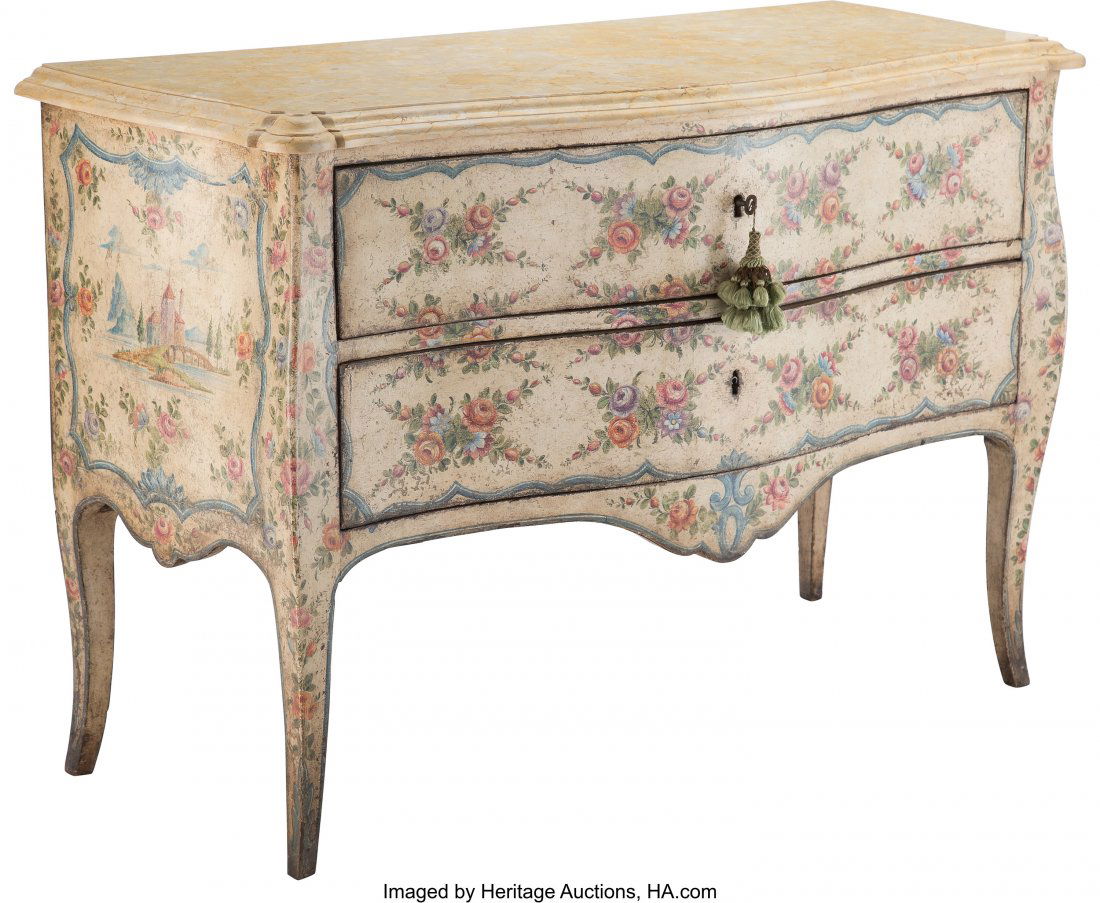 An Italian Painted Bombe Chest of Drawers with J: An Italian Painted Bombe Chest of Drawers with Jerusalem Gold Limestone Top, 18th century and later 35-5/8 x 49-1/2 x 21-1/2 inches (90.5 x 125.7 x 54.6 cm) PROPERTY FROM AN IMPORTANT PRIVATE DALLAS C