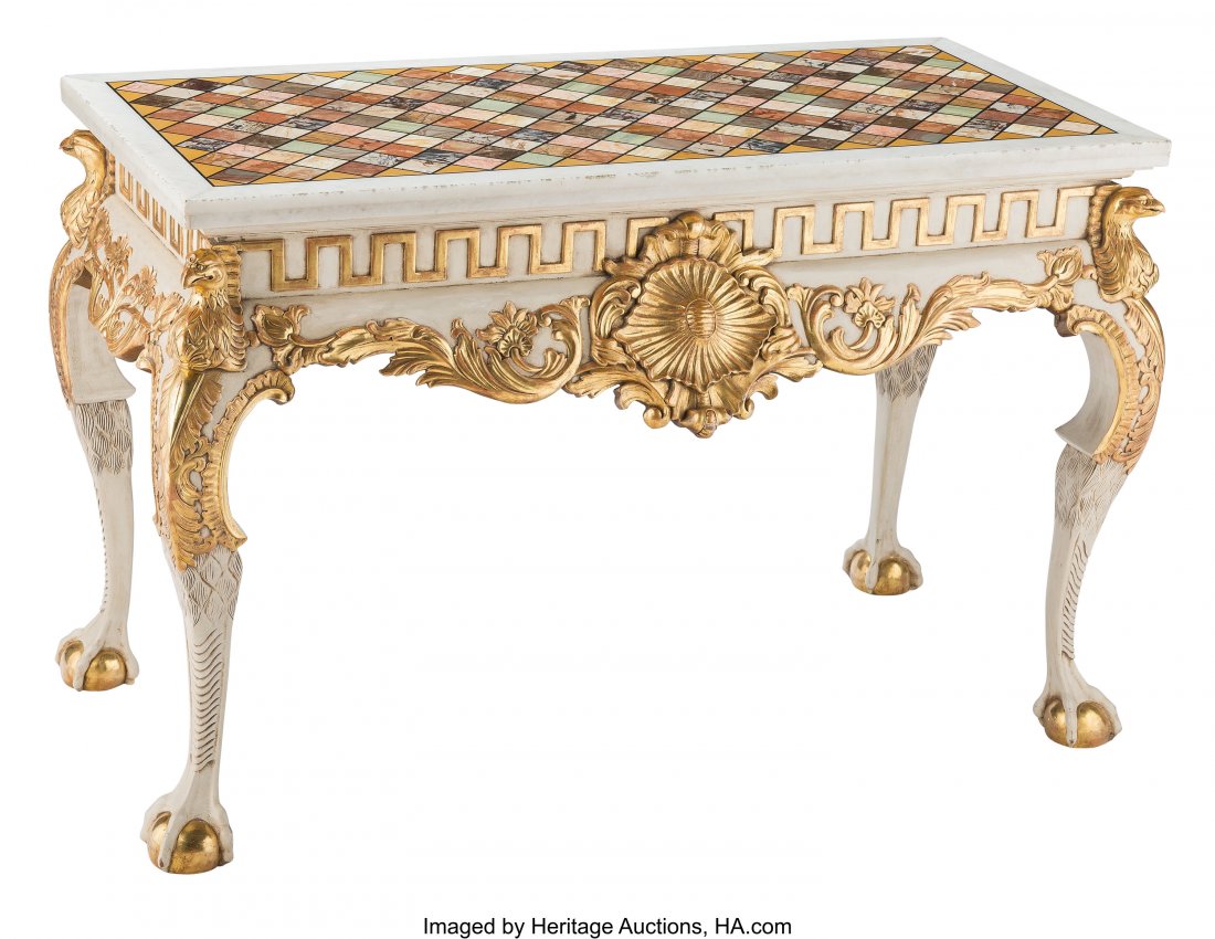 An Italian Baroque-Style Painted and Partial Gil: An Italian Baroque-Style Painted and Partial Gilt Center Table with Specimen Top, 20th century 33-3/4 x 52-3/4 x 25 inches (85.7 x 134.0 x 63.5 cm) PROPERTY FROM THE COLLECTION OF JOHN ROBERT CLARK, D
