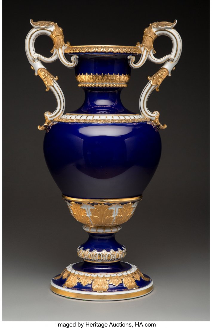 A Meissen Partial Gilt Porcelain Urn, Germany, l: A Meissen Partial Gilt Porcelain Urn, Germany, late 19th century Marks: (crossed swords in underglaze blue), 29, 67, D 153. 23 x 13-1/4 x 9-1/2 inches (58.4 x 33.7 x 24.1 cm) PROPERTY FROM A LA JOLLA,