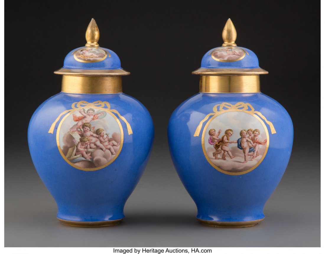 A Pair of Meissen Polychromed and Partial Gilt P: A Pair of Meissen Polychromed and Partial Gilt Porcelain Covered Urns, Germany, late 18th-early 19th century Marks: (crossed swords), (asterisk) 9-1/4 x 5-3/4 inches (23.5 x 14.6 cm) (each) PROPERTY F