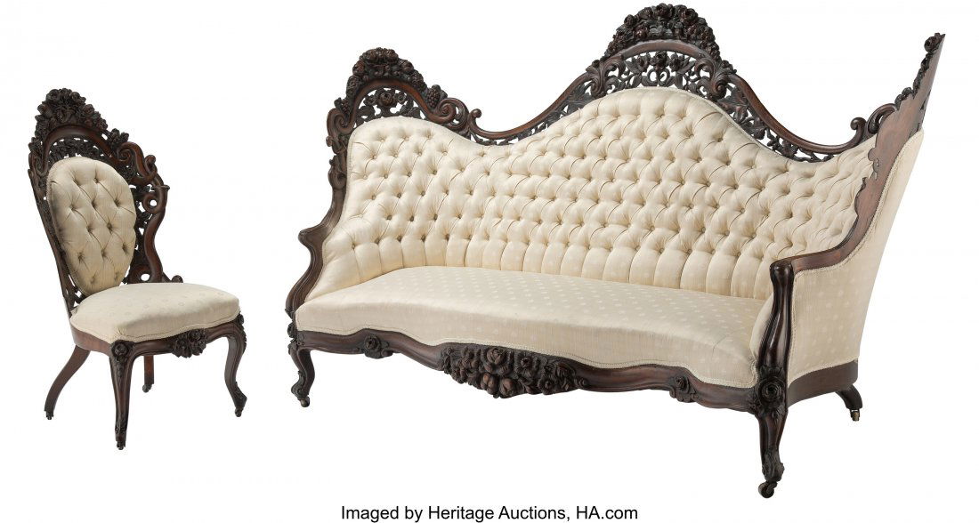 A John Henry Belter Fountain Elms Pattern Carved: A John Henry Belter Fountain Elms Pattern Carved and Laminated Rosewood Sofa and Side Chair, New York, circa 1860 47 x 84 x 40 inches (119.4 x 213.4 x 101.6 cm) (larger, sofa) HID03101062020 © 20