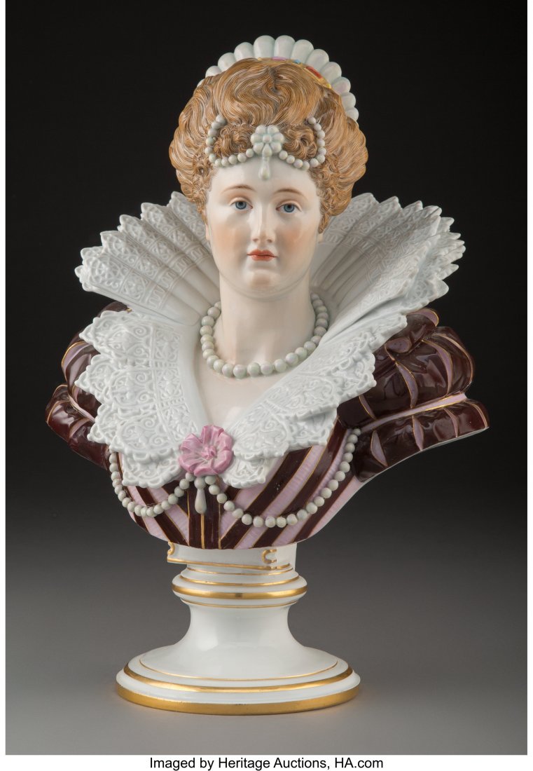 A Meissen Polychrome Porcelain Figural Bust of a: A Meissen Polychrome Porcelain Figural Bust of a Woman, Germany, late 19-early 20th century Marks: (crossed swords in underglaze blue), K 186, 5, S 13 inches (33.0 cm) PROPERTY FROM A LA JOLLA, CALIFO