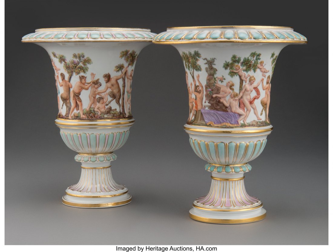 A Pair of Meissen Polychromed and Partial Gilt P: A Pair of Meissen Polychromed and Partial Gilt Porcelain Lustre Vases, Germany, 20th century Marks: (crossed swords in underglaze blue), B, (various) 10 inches (25.4 cm) (each) PROPERTY FROM A LA JOLL