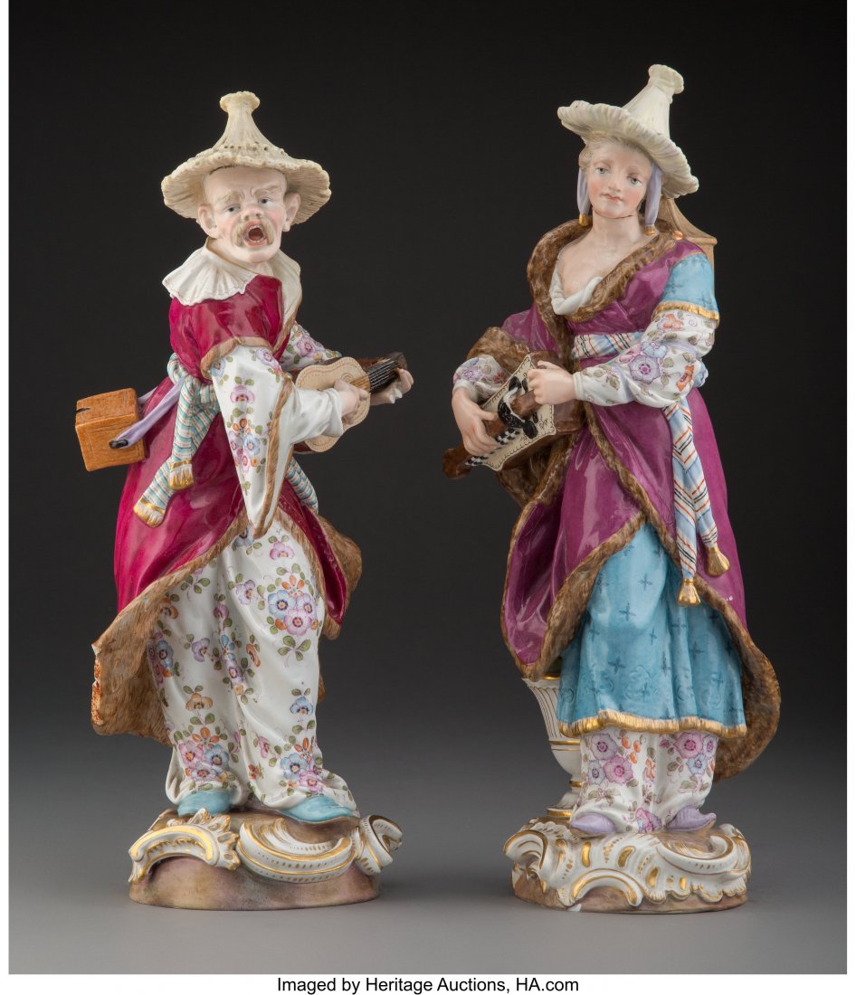 A Pair of Meissen Polychrome and Partial-Gilt Po: A Pair of Meissen Polychrome and Partial-Gilt Porcelain Figures after Friedrich E. Meyer, Germany, 19th century Marks: (crossed swords in underglaze blue), (various) 13-1/4 x 5 x 4 inches (33.7 x 12.7