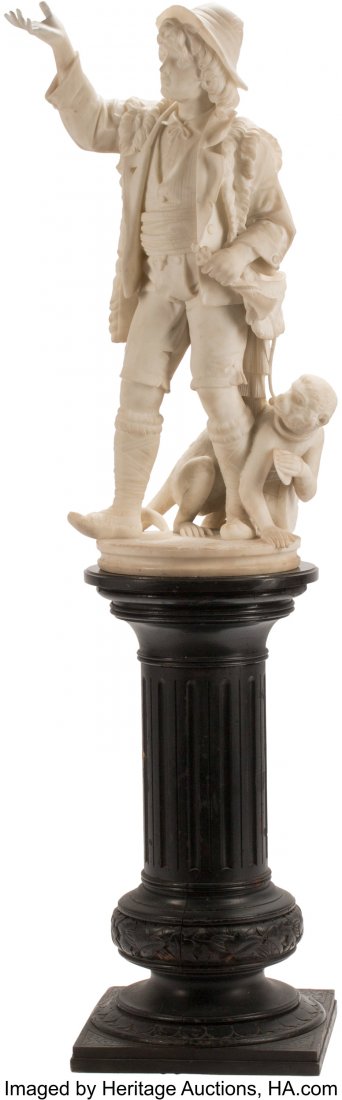 An Italian Carved Carrara Marble Sculpture of a : An Italian Carved Carrara Marble Sculpture of a Boy and Monkey on Wood Pedestal, 19th century 75 x 23 x 15-1/2 inches (190.5 x 58.4 x 39.4 cm) The carved marble of a boy figure and monkey figure atop 