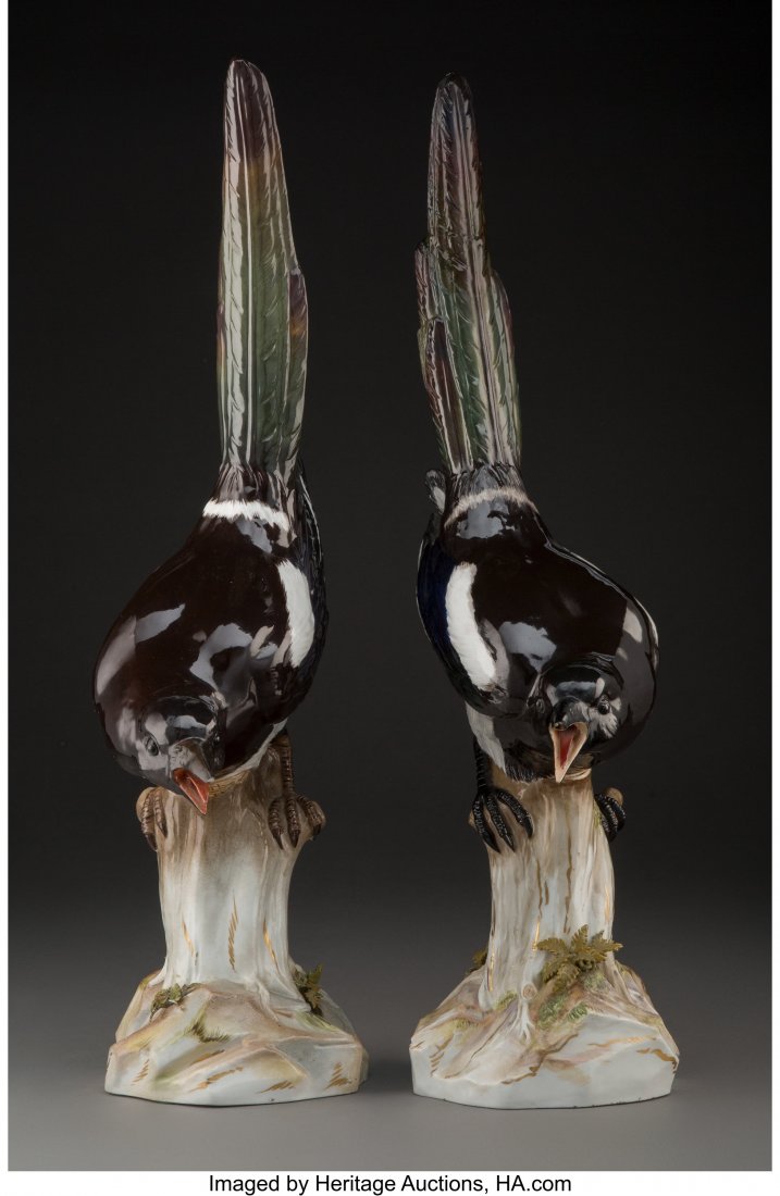 A Pair of Large Meissen Porcelain Magpie Birds A: A Pair of Large Meissen Porcelain Magpie Birds After JJ Kändler, Germany, late 19th century Marks: (crossed swords in underglaze blue), 62b, 125 21-1/4 inches (54.0 cm) (each) PROPERTY FROM A LA