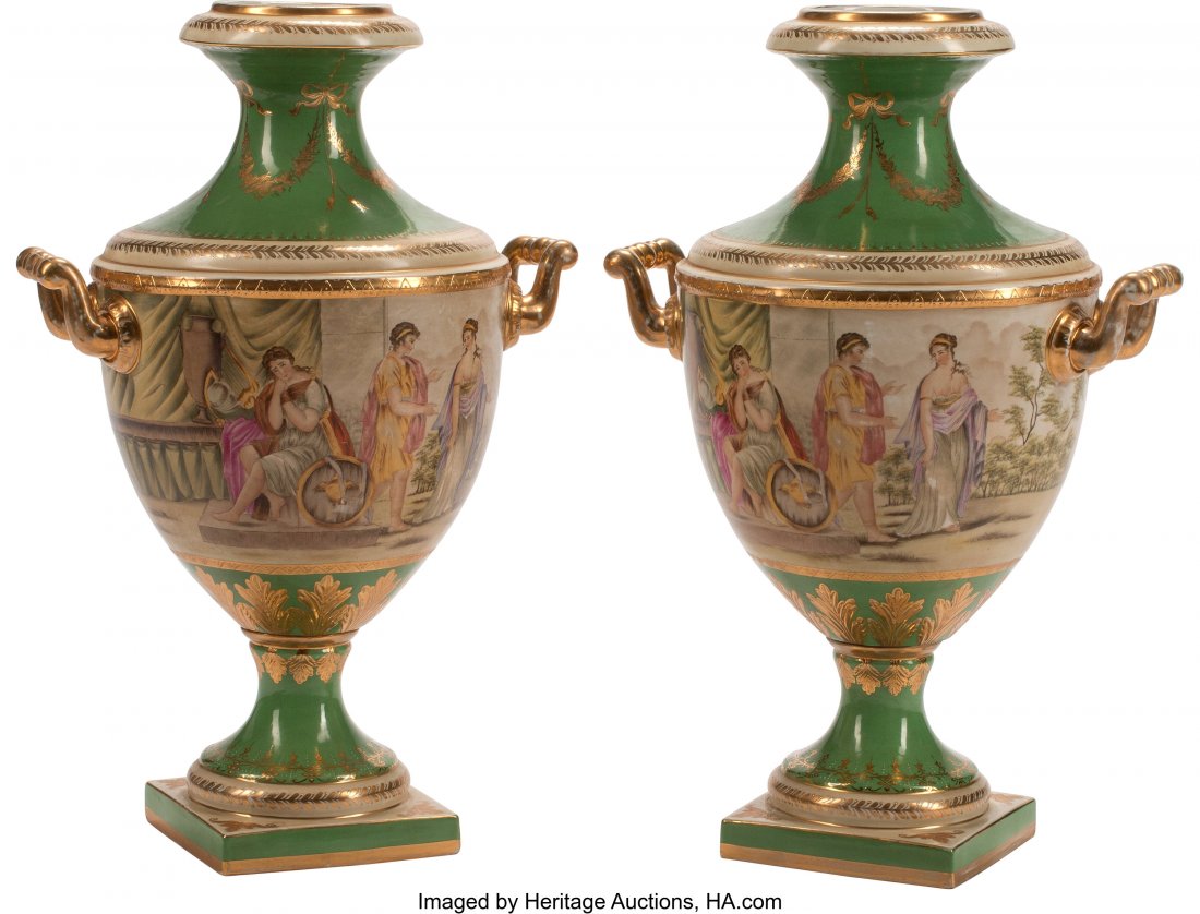A Pair of Royal Vienna-Style Two-Handled Porcela: A Pair of Royal Vienna-Style Two-Handled Porcelain Urns 24 x 15-1/2 x 12 inches (61.0 x 39.4 x 30.5 cm) (each) The pair of amphora form vases, with green grounds and painted band of classical scenes t