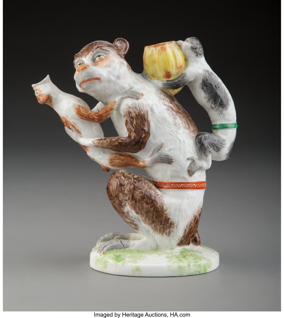 A Meissen Polychromed Porcelain Monkey Teapot, G: A Meissen Polychromed Porcelain Monkey Teapot, Germany, circa 1930 Marks: (crossed swords in underglaze blue), 7 7 x 6 x 3-1/2 inches (17.8 x 15.2 x 8.9 cm) PROPERTY FROM A LA JOLLA, CALIFORNIA COLLEC