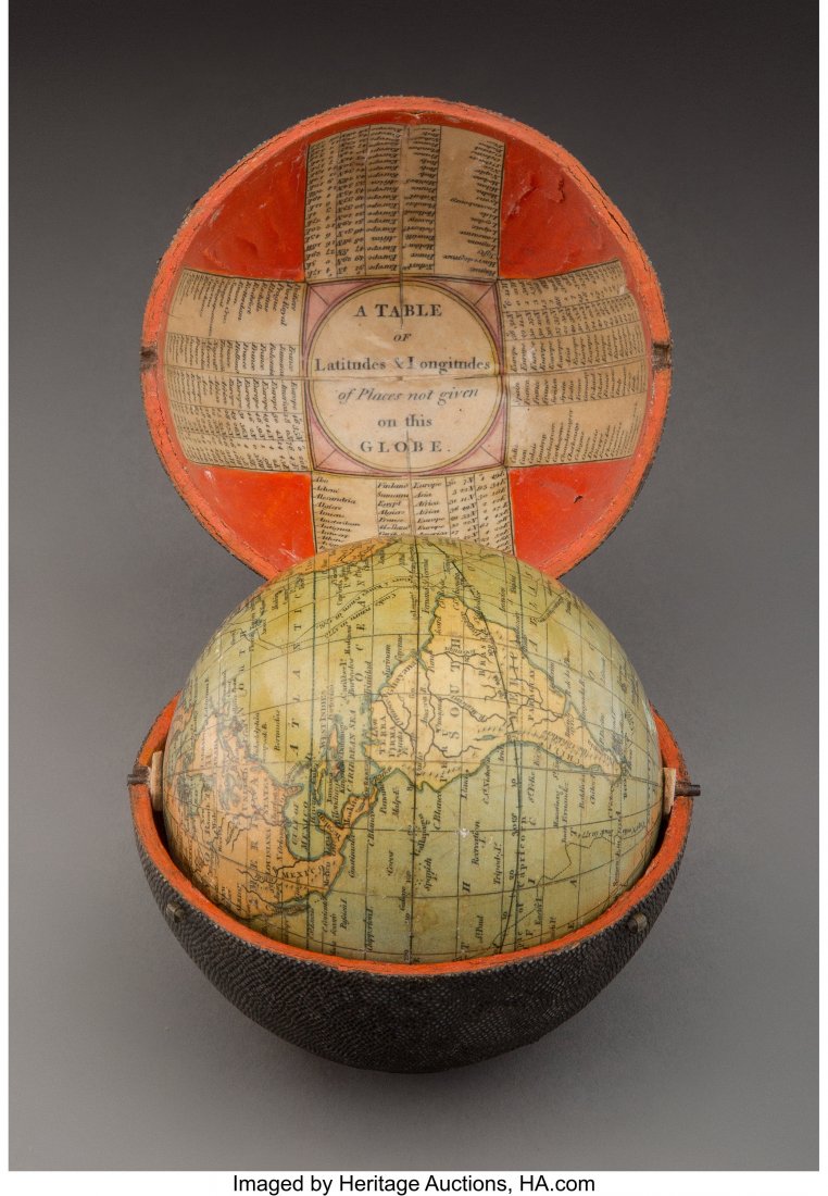 A John Cary Pocket Globe with Shagreen Case, Lon: A John Cary Pocket Globe with Shagreen Case, London, 1791 Marks to globe: Cary's Pocket Globe. Agreeable to the Latest Discoveries. London: J & W Cary Strand, April 1, 1791. 3 inches (7.6 cm) (glo