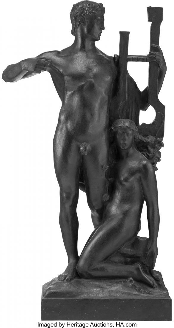 John David Brcin (American, 1899-1983) Neoclassi: John David Brcin (American, 1899-1983) Neoclassical Couple, circa 1930 Bronze 23-1/2 x 10 x 8 inches (59.7 x 25.4 x 20.3 cm) Inscribed to base: J.D. BRCIN The bronze sculpture depicting a standing mal