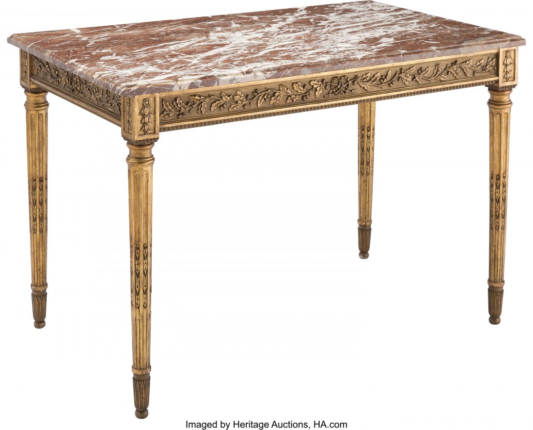 A Louis XVI-Style Giltwood and Marble Table, 19t: A Louis XVI-Style Giltwood and Marble Table, 19th century 28-1/2 x 42-1/2 x 25-1/2 inches (72.4 x 108.0 x 64.8 cm) PROPERTY FROM THE COLLECTION OF JOHN ROBERT CLARK, DALLAS, TEXAS The rectangular tabl