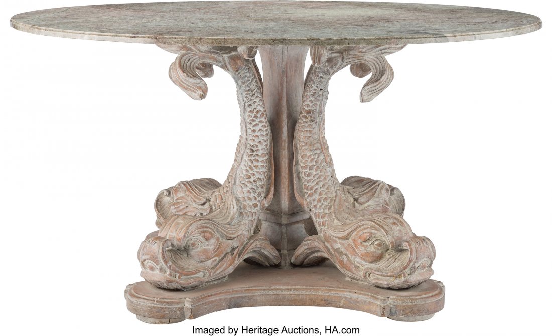 A Carved Washed-Finish Wood Dolphin Entry Table : A Carved Washed-Finish Wood Dolphin Entry Table with Marble Top, 20th century 29-7/8 x 55 x 55 inches (75.9 x 139.7 x 139.7 cm) PROPERTY FROM THE COLLECTION OF JOHN ROBERT CLARK, DALLAS, TEXAS The ent