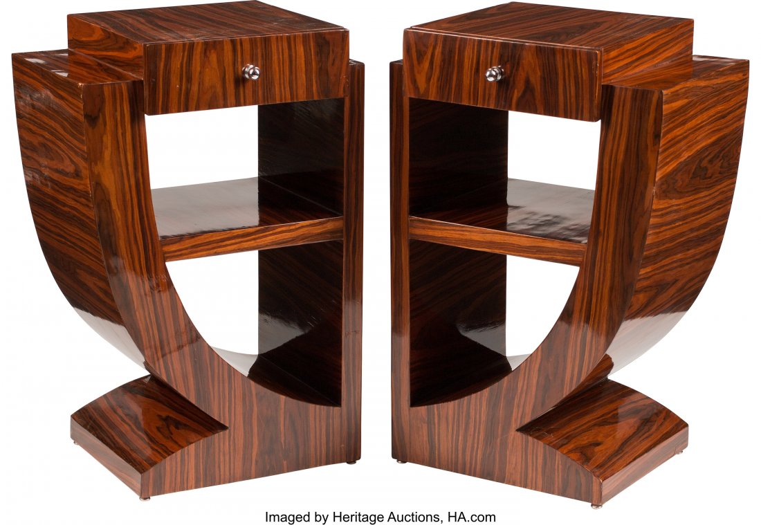 A Pair of Art Deco-Style Nightstands 30-1/2 x 20: A Pair of Art Deco-Style Nightstands 30-1/2 x 20 x 13 inches (77.5 x 50.8 x 33.0 cm) (each) Each table of quarter oval form with rectangular topped drawer, with center shelf and pedestal foot. HID0310