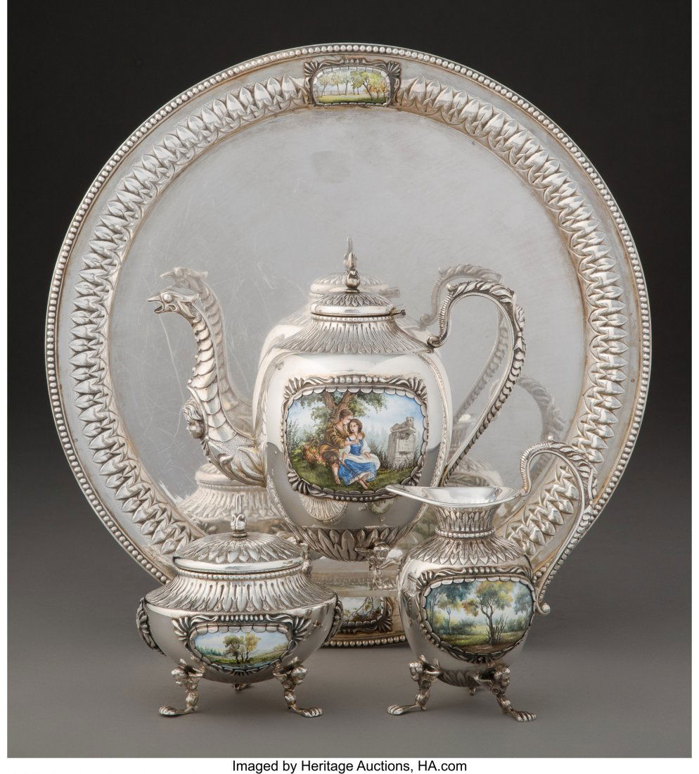 A Four-Piece Continental Silver and Porcelain Te: A Four-Piece Continental Silver and Porcelain Tea Set and Tray, 20th century Marks: 835 6 x 11 x 11 inches (15.2 x 27.9 x 27.9 cm) (overall) 40.29 troy ounces PROPERTY FROM A LA JOLLA, CALIFORNIA COLL