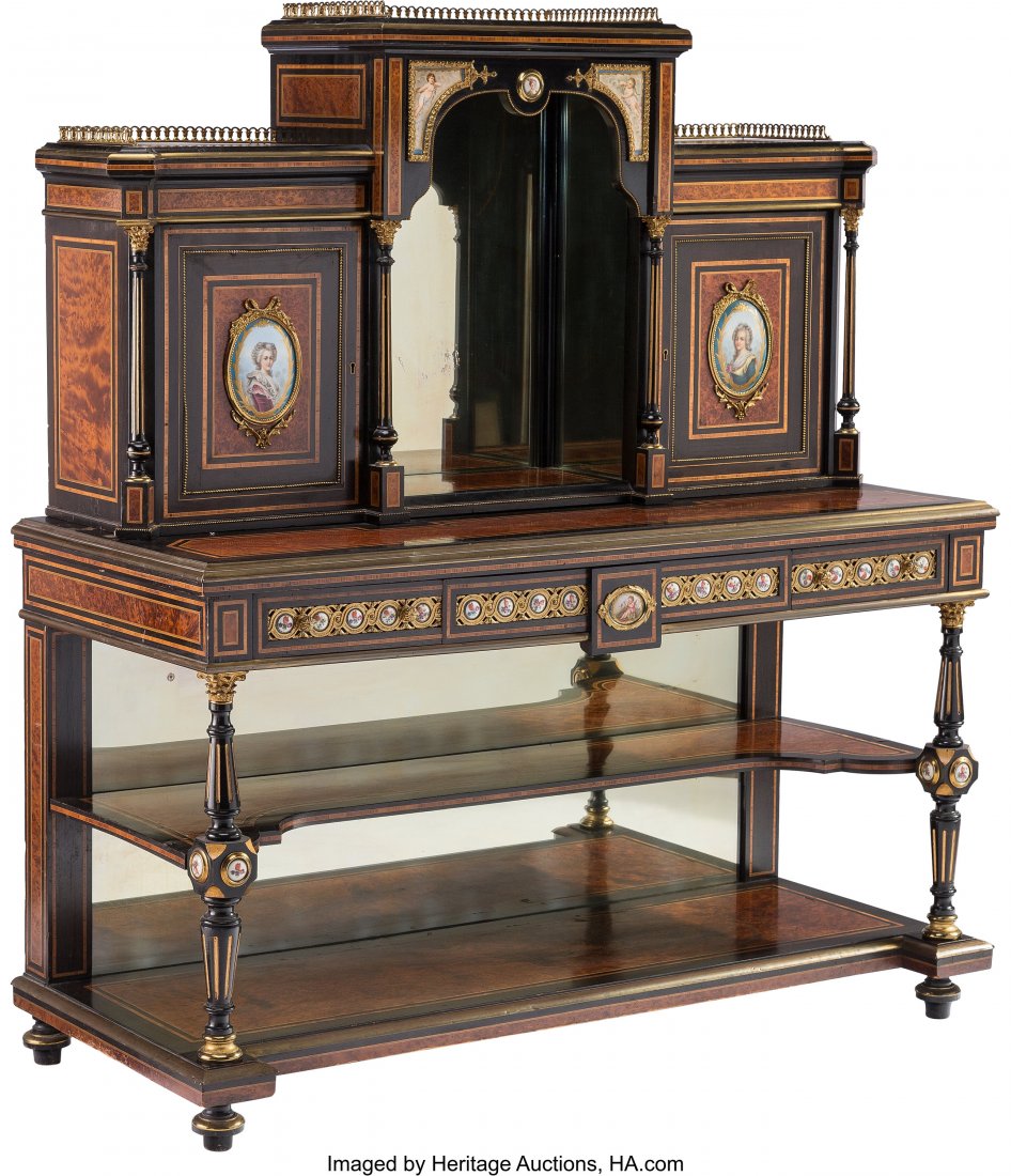 A French Partial-Gilt Bronze Mahogany and Eboniz: A French Partial-Gilt Bronze Mahogany and Ebonized Wood Bonheur du Jour Desk with Porcelain Plaques, late 19th century 59-1/2 x 53 x 22-3/8 inches (151.1 x 134.6 x 56.8 cm) The neoclassical bon du jou
