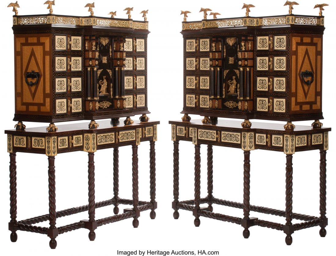 A Pair of Spanish Renaissance-Style Inlaid Cabin: A Pair of Spanish Renaissance-Style Inlaid Cabinets on Stands 74 x 58 x 22-1/2 inches (188.0 x 147.3 x 57.2 cm) (each) The pair of cabinets on stands surmounted with six eagle figures atop fretwork tr