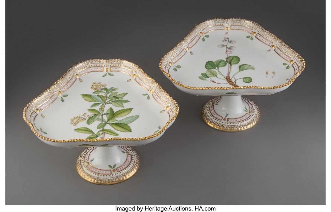 A Pair of Royal Copenhagen Flora Danica Pattern: A Pair of Royal Copenhagen Flora Danica Pattern Porcelain Tazza, Denmark, 1954-1960 Marks: ROYAL (crown) COPENHAGEN DENMARK, (waves), (various) 4-3/4 x 9 x 8-1/2 inches (12.1 x 22.9 x 21.6 cm) PROPERT