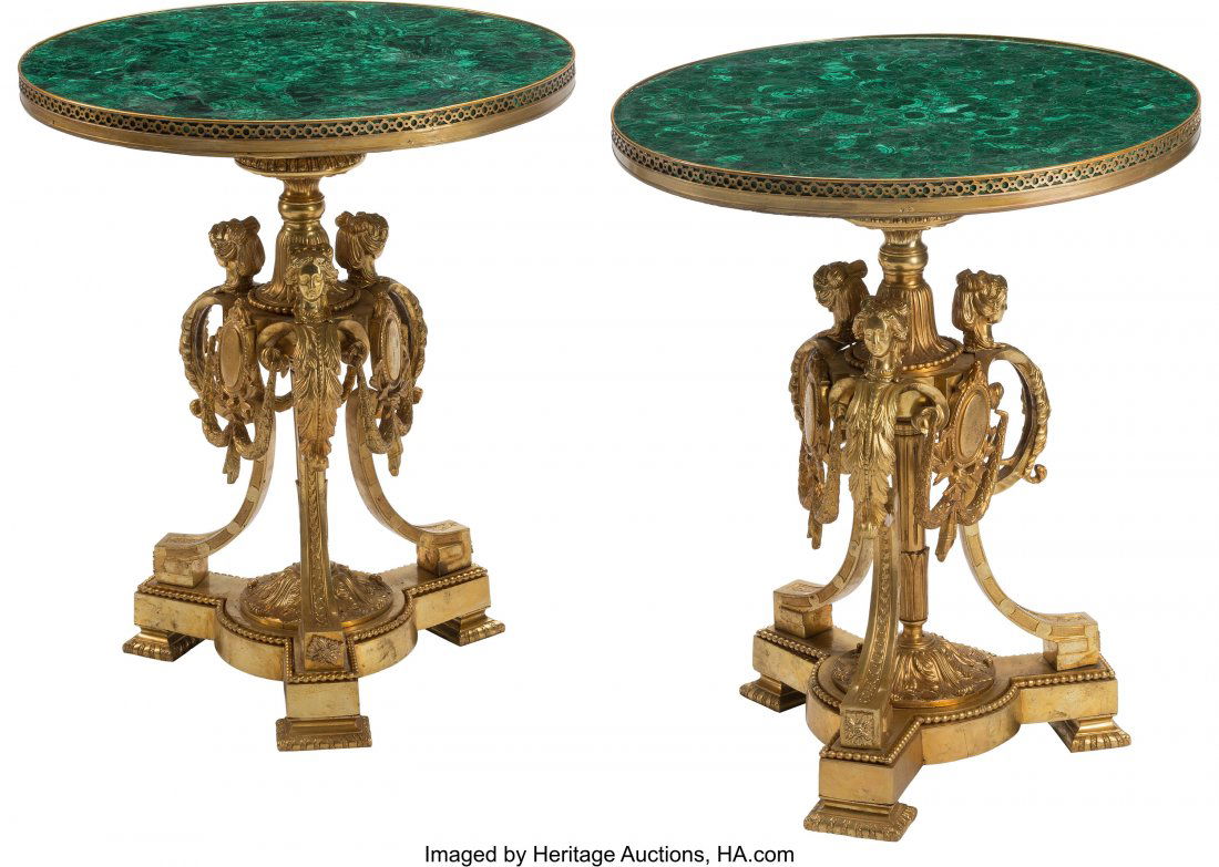 A Pair of French Neoclassical-Style Gilt Bronze: A Pair of French Neoclassical-Style Gilt Bronze Gueridons with Malachite Tops 28 x 23-1/2 inches (71.1 x 59.7 cm) (each) The pair of gueridons with circular tops and open fretwork trim to edges, resti