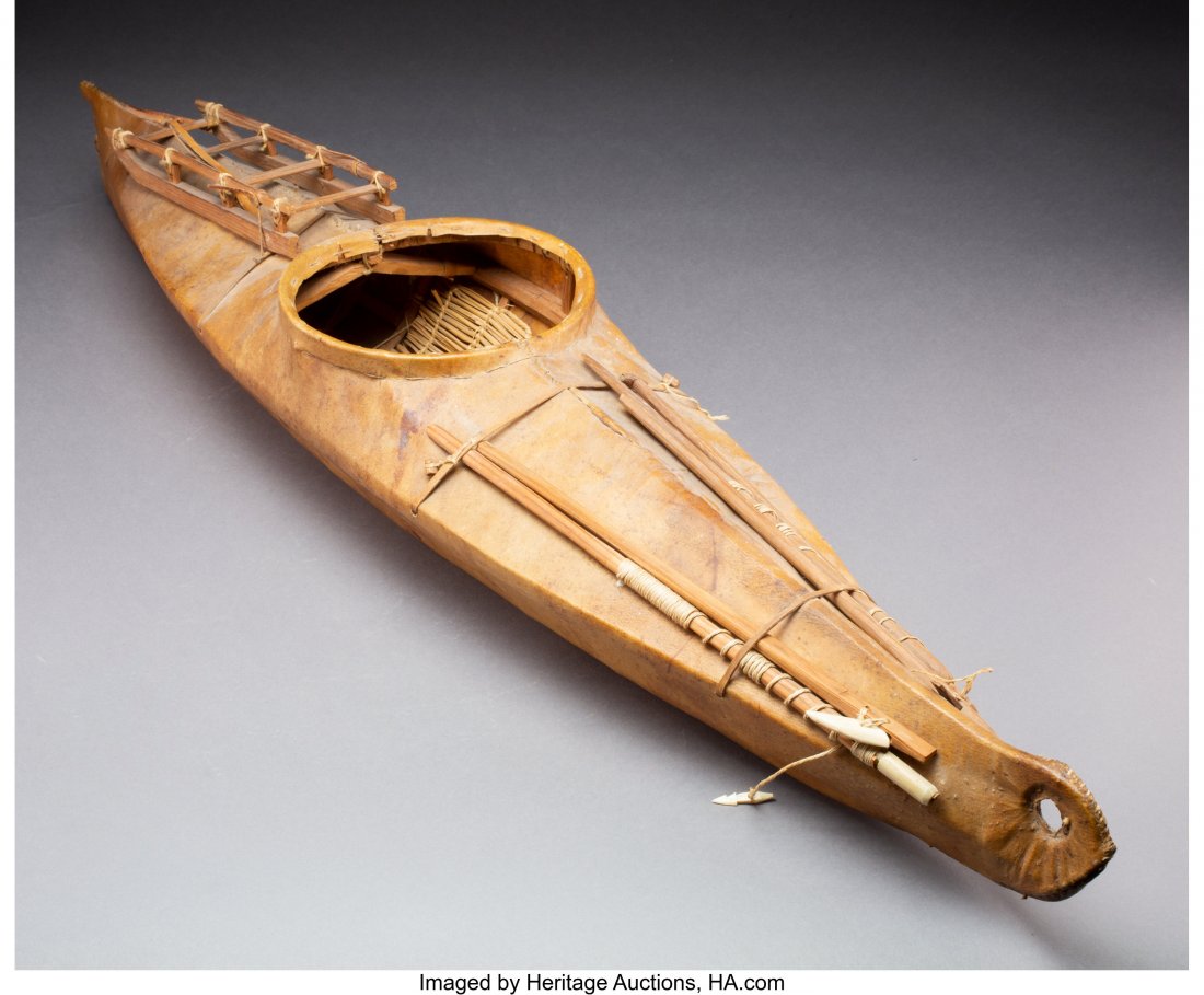 An Eskimo Model Kayak c. 1920 wood, sealskin,: An Eskimo Model Kayak c. 1920 wood, sealskin, bone, fiber, cotton string Exhibited: North by Southwest, The Mary Brogan Museum of Art and Science, Tallahassee, FL, 2010 From the Spirits: Native Art of