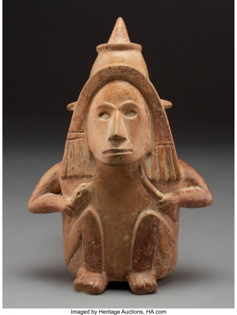 A Colima Seated Figure Wearing Pointed Helmet  W (1 of 3)