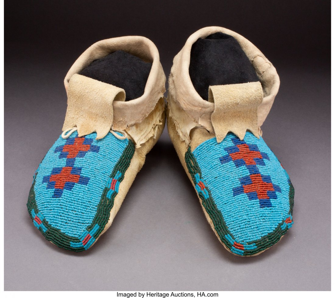 A Pair of Plains Cree Beaded Hide Moccasins   c. (1 of 2)