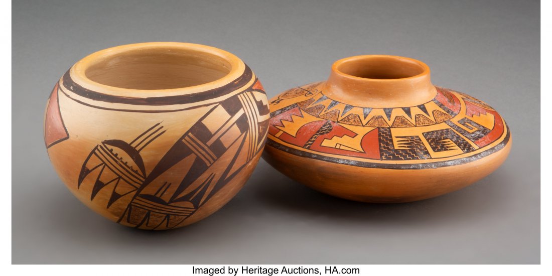Two Hopi Polychrome Jars  clay, paint, one signe (1 of 3)