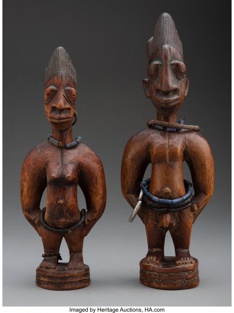 A Yoruba Male/Female Pair of Twin Figures ibej: A Yoruba Male/Female Pair of Twin Figures ibeji, Oyo, Oyo state, Nigeria Heights: 11 &frac14; and 13 inches HID03101062020 © 2020 Heritage Auctions | All Rights Reserved