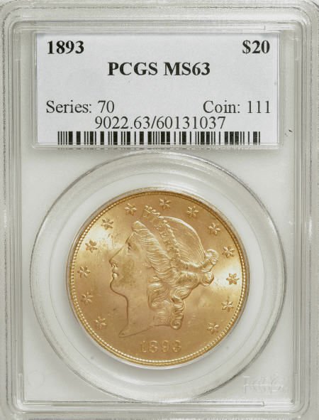 1893 $20 MS63 PCGS. PCGS Population (575/58). NG