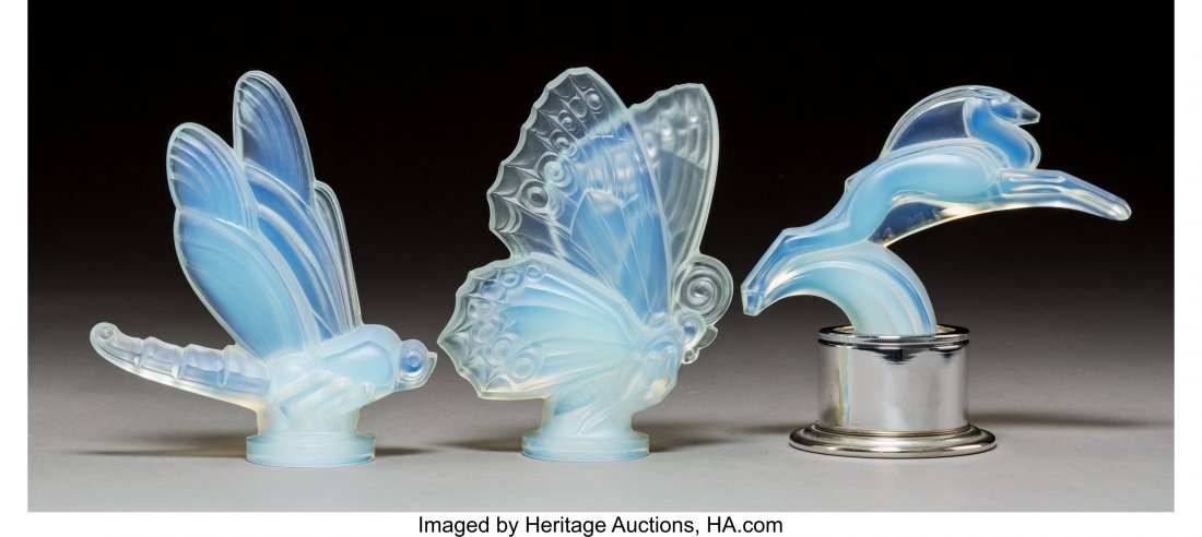Three Sabino Opalescent Glass Auto Mascots, circ: Three Sabino Opalescent Glass Auto Mascots, circa 1930 Marks: Sabino, Paris 6 inches (15.2 cm) (tallest, butterfly) The lot comprising: 1 butterfly-form mascot; 1 dragonfly-form mascot; 1 gazelle-form